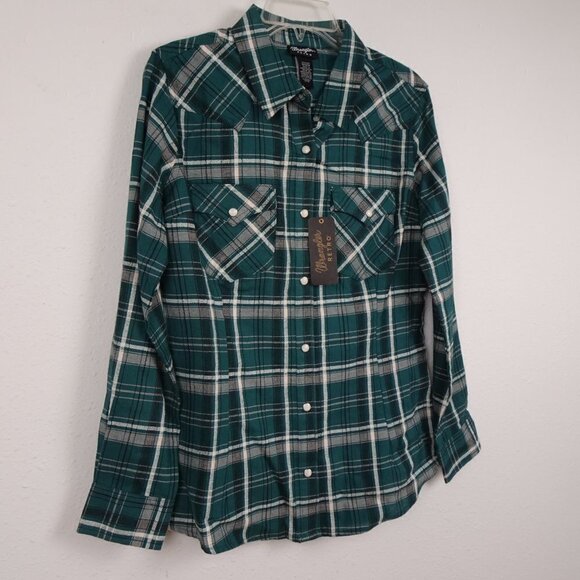 Wrangler Western Shirt Women's Size M Green Plaid Long Sleeve Cowgirl Retro - Picture 4 of 11